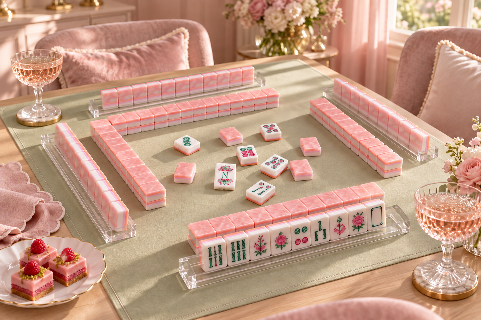 Rose Club Pearl Pink American Mahjong Acrylic Tiles — table styling and tile design