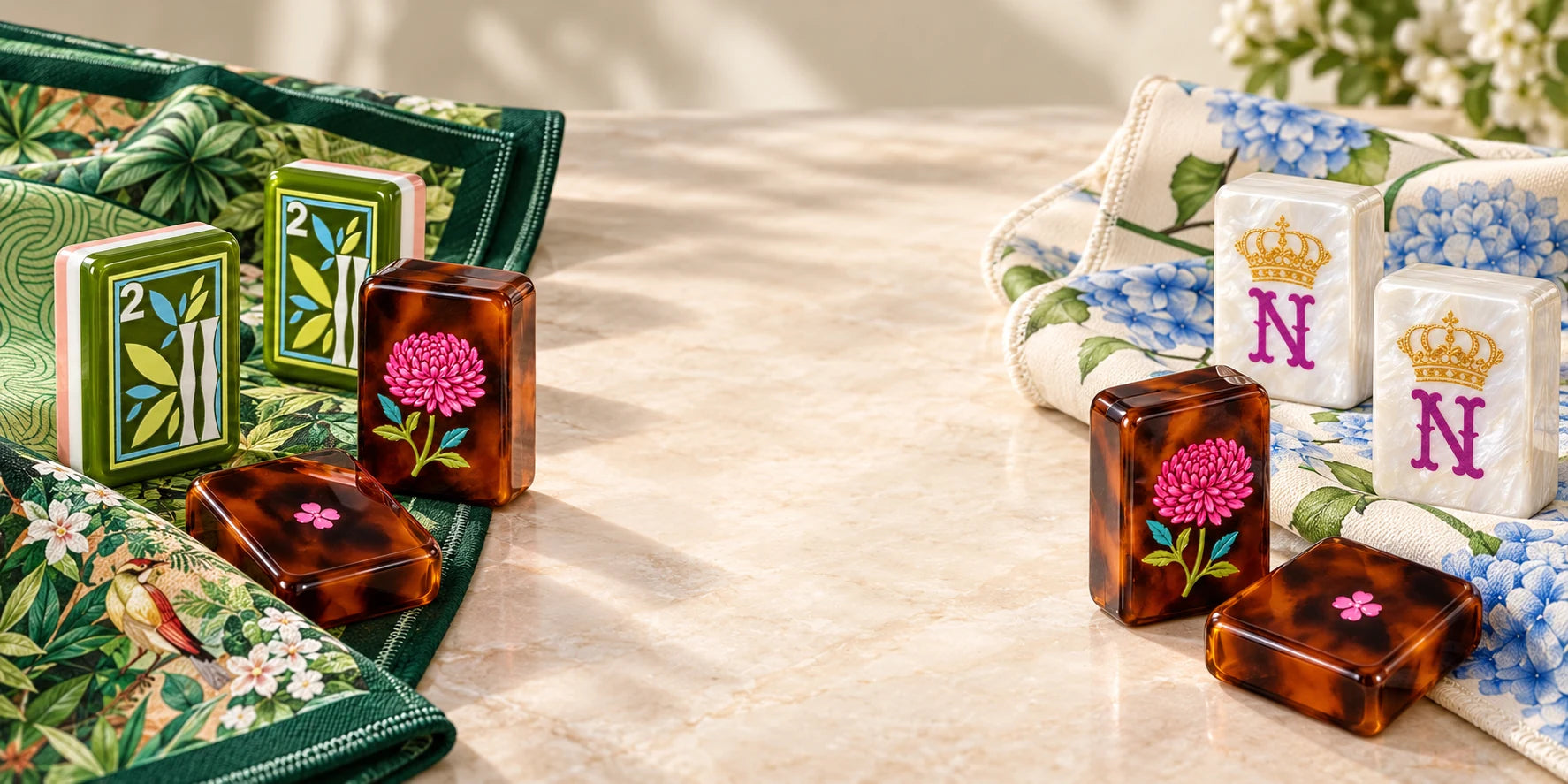 Crown Jewel, Jade Social and Tortoise Social mahjong tiles styled with Botanical Hour and Hydrangea playing mats