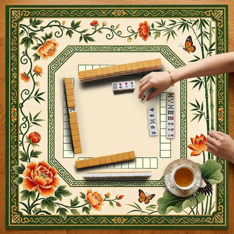 Garden Society mahjong mat — product design and size reference