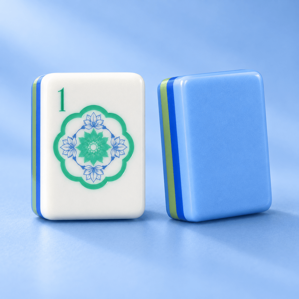 Blue Hour blue American mahjong tiles, front and back detail