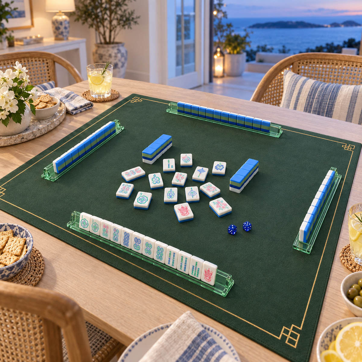 Blue Hour mahjong tiles in a styled game setting with a green mat, green racks and blue dice