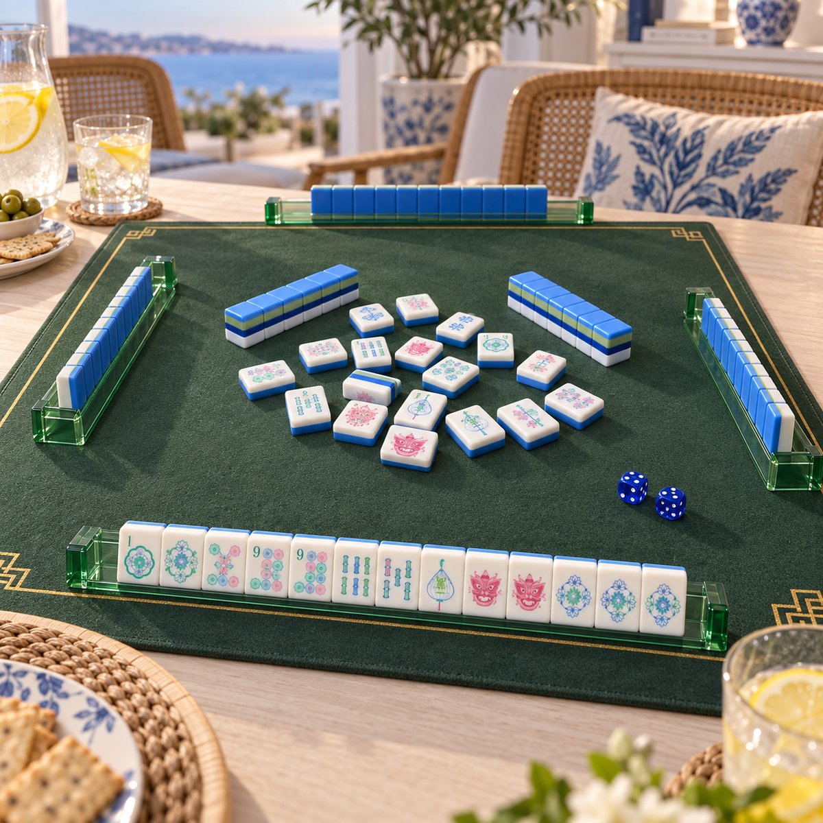 Blue Hour mahjong tiles in a styled game setting with a green mat, green racks and blue dice