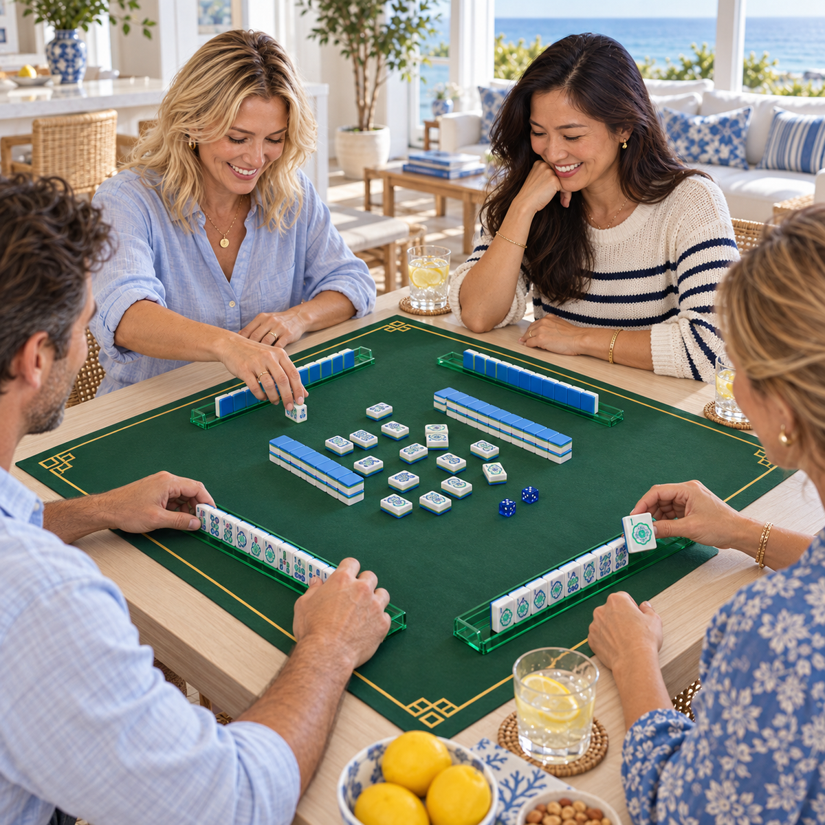 Blue Hour mahjong tiles in a styled game setting with a green mat, green racks and blue dice