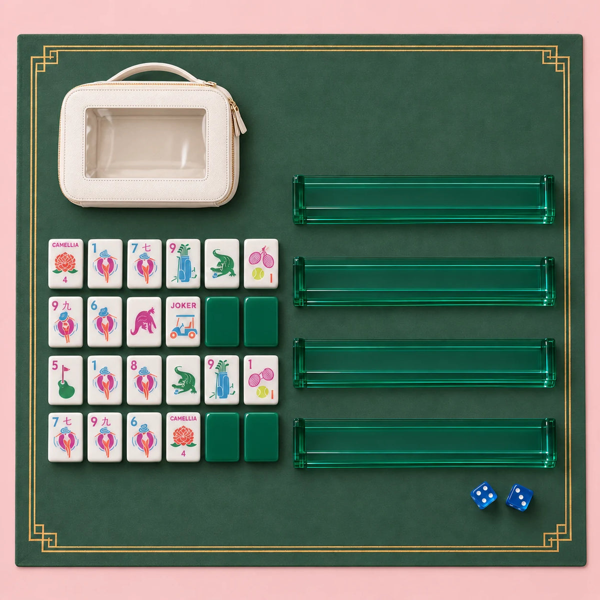 Country Club kit accessories with a selection of tiles, four racks, mat, two dice and zippered pouch