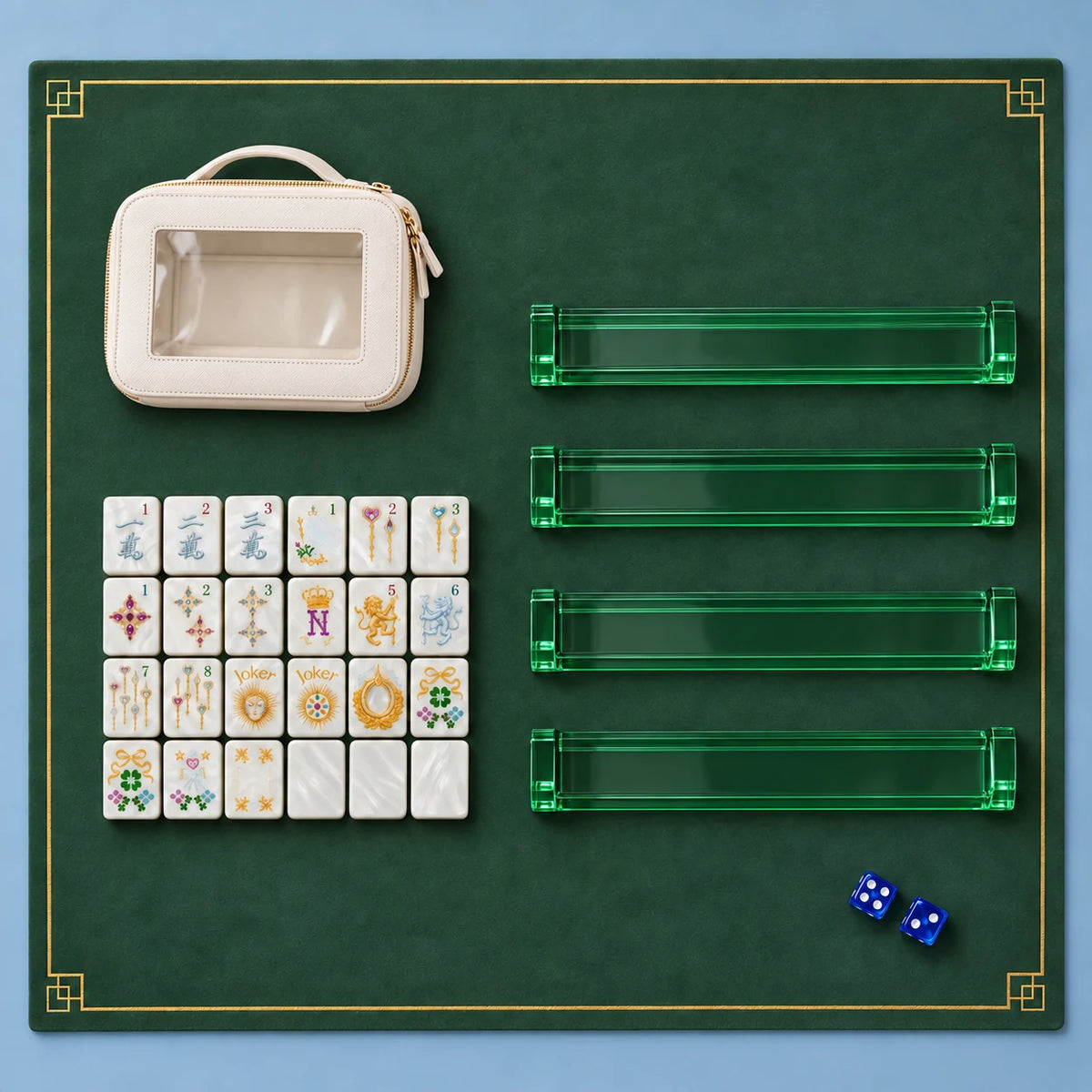 Crown Jewel kit accessories with a selection of tiles, four racks, mat, two dice and zippered pouch