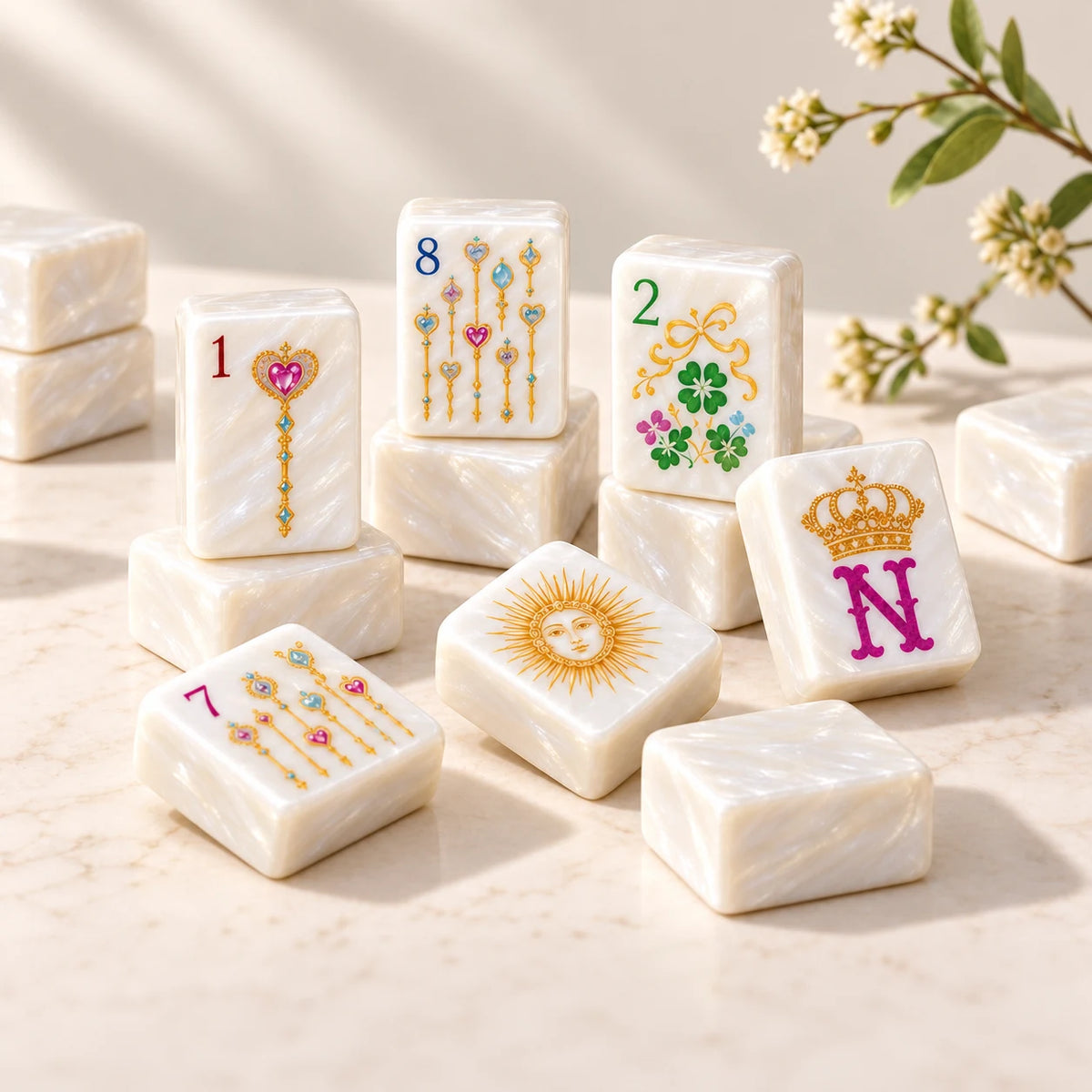 Crown Jewel — tile designs arranged in a sunlit still life