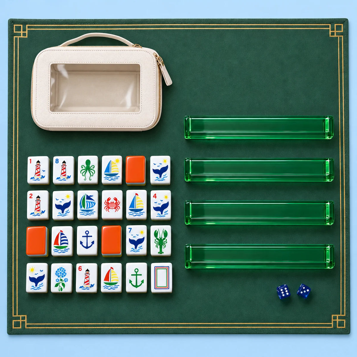 Harbour Hour kit accessories with a selection of tiles, four racks, mat, two dice and zippered pouch