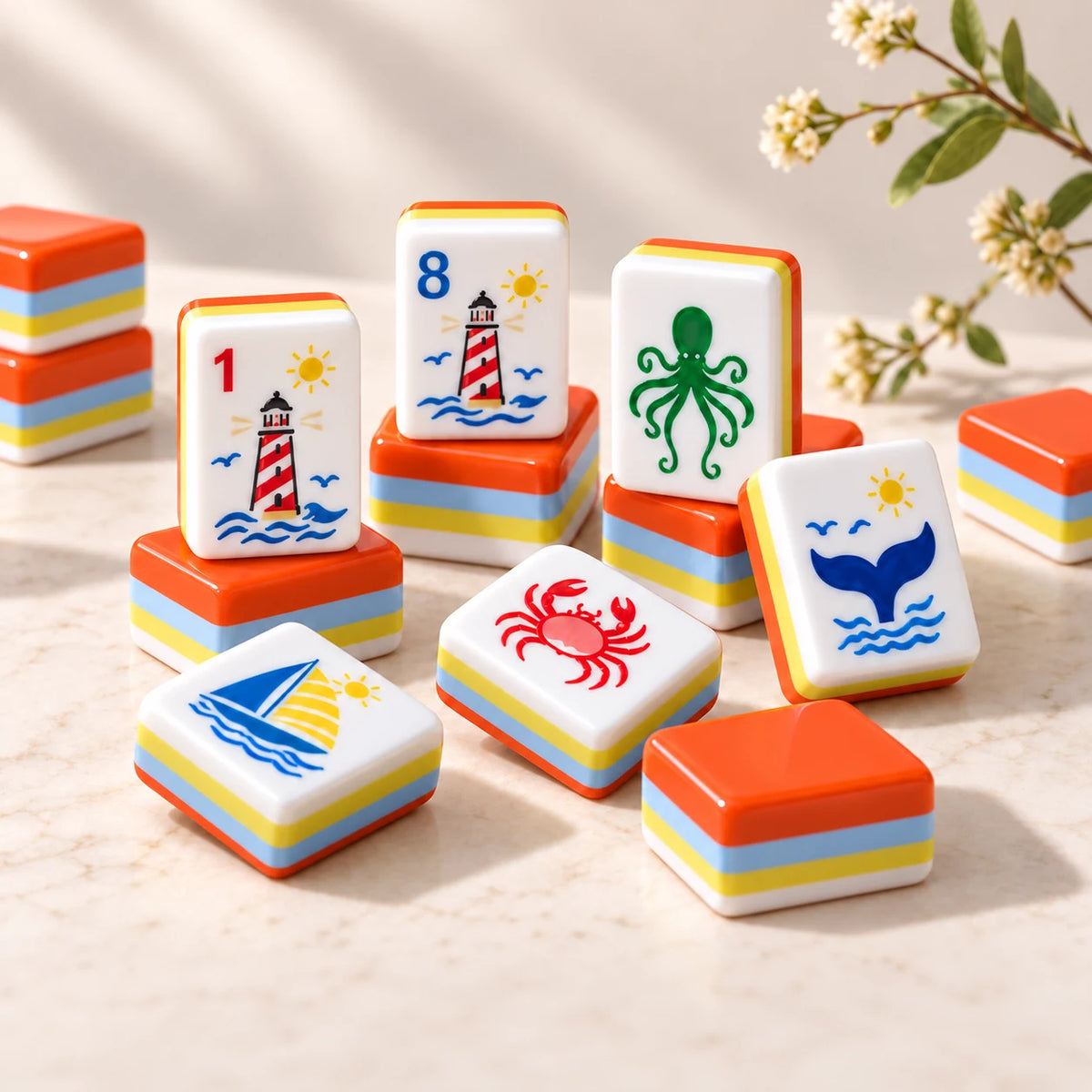 Harbour Hour — tile designs arranged in a sunlit still life