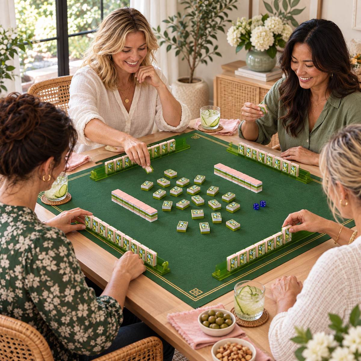 Jade Social mahjong tiles in a styled game setting with a green mat, green racks and blue dice