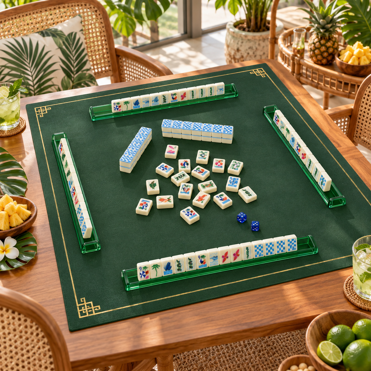 Mahjito mahjong tiles in a styled game setting with a green mat, green racks and blue dice