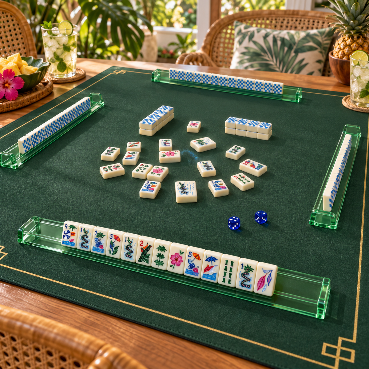 Mahjito mahjong tiles in a styled game setting with a green mat, green racks and blue dice
