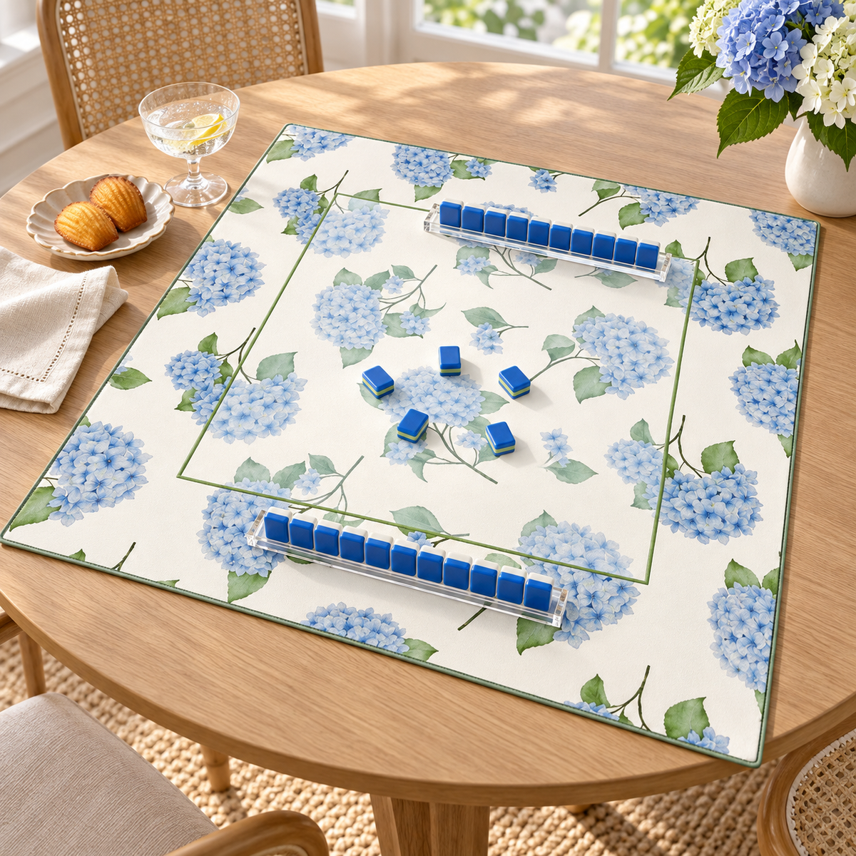 Hydrangea — mat styled with mahjong tiles and table accessories, sold separately. Featured design.