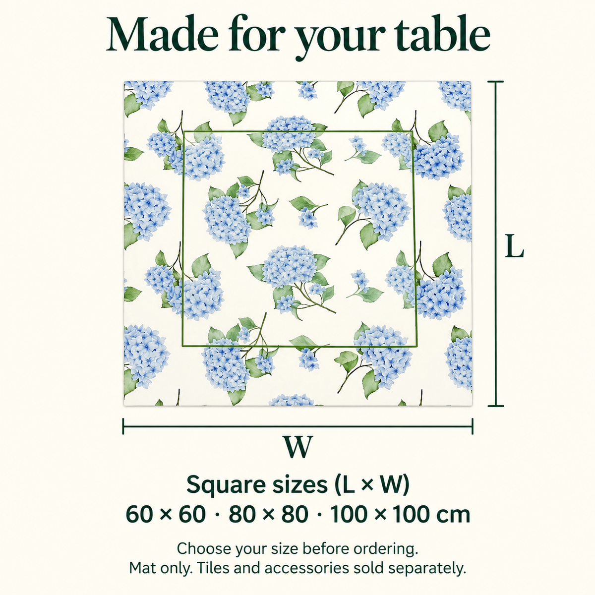 Hydrangea — available mat sizes in centimetres. Featured design.
