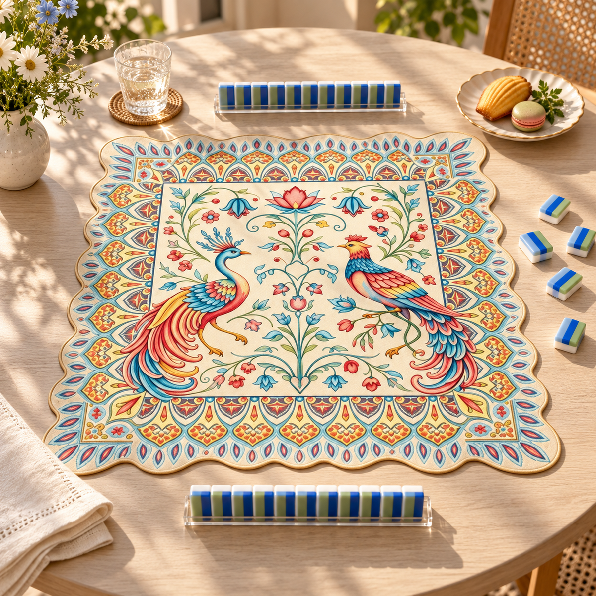 Phoenix Garden — mat styled with mahjong tiles and table accessories, sold separately. Featured design.