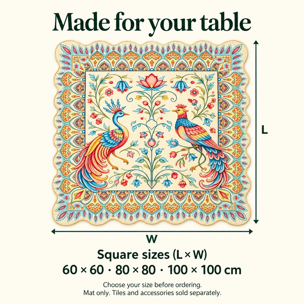 Phoenix Garden — available mat sizes in centimetres. Featured design.