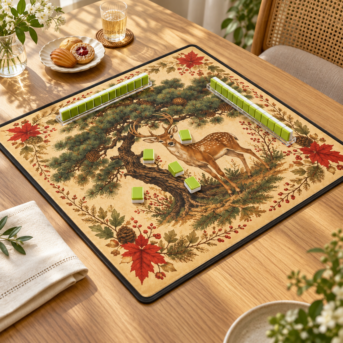 Woodland Social — mat styled with mahjong tiles and table accessories, sold separately. Featured design.