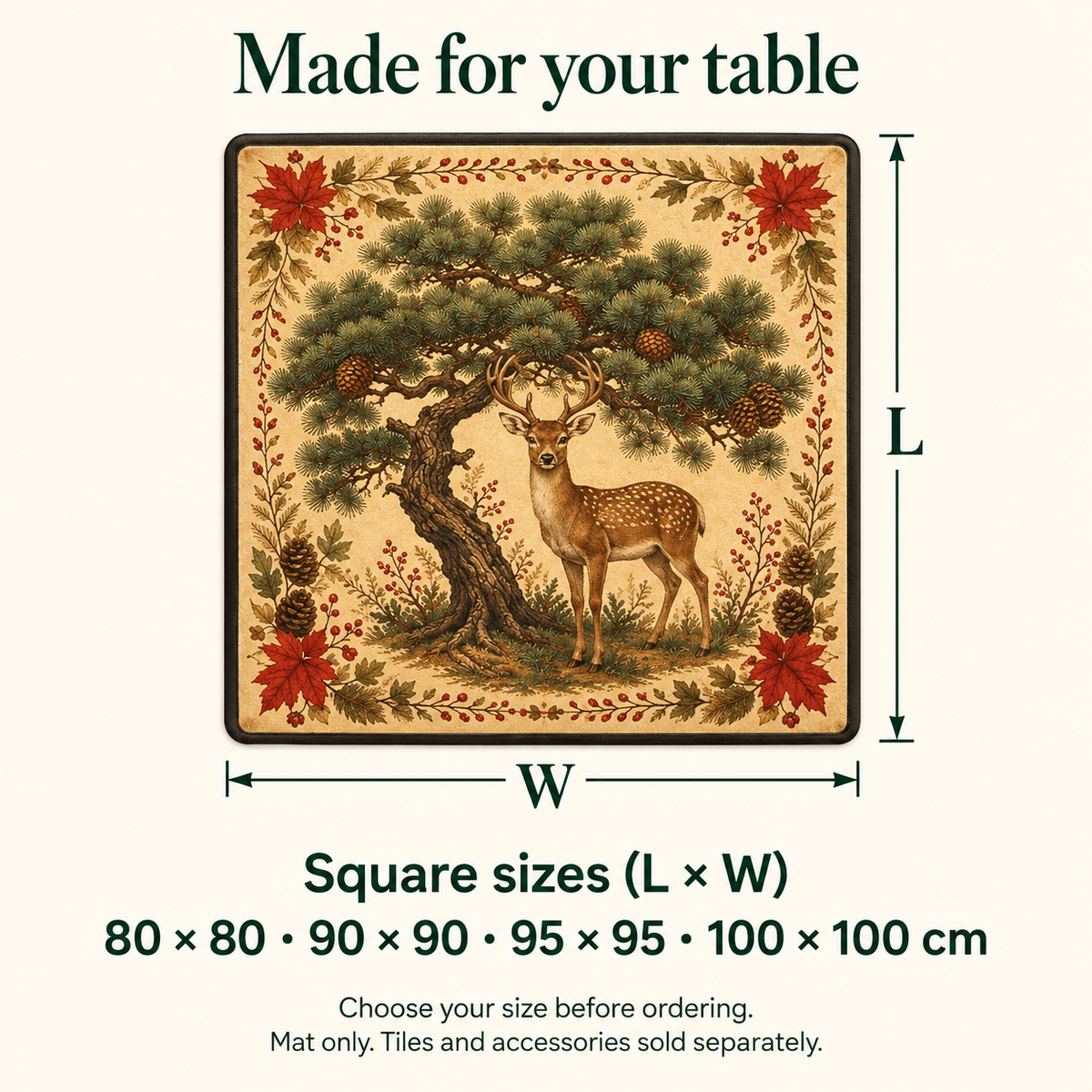 Woodland Social — available mat sizes in centimetres. Featured design.