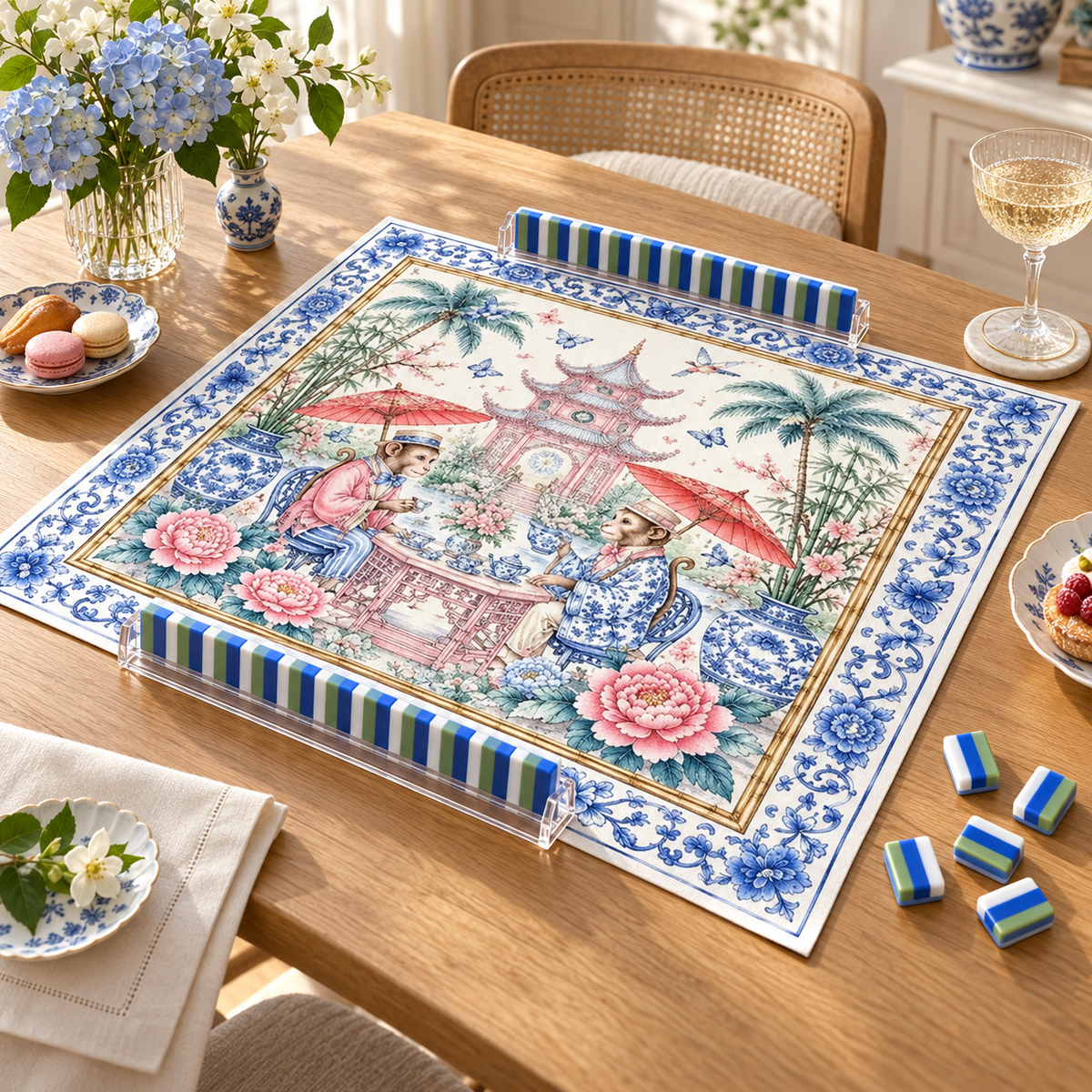 Porcelain Social II — mat styled with mahjong tiles and table accessories, sold separately. Featured design.
