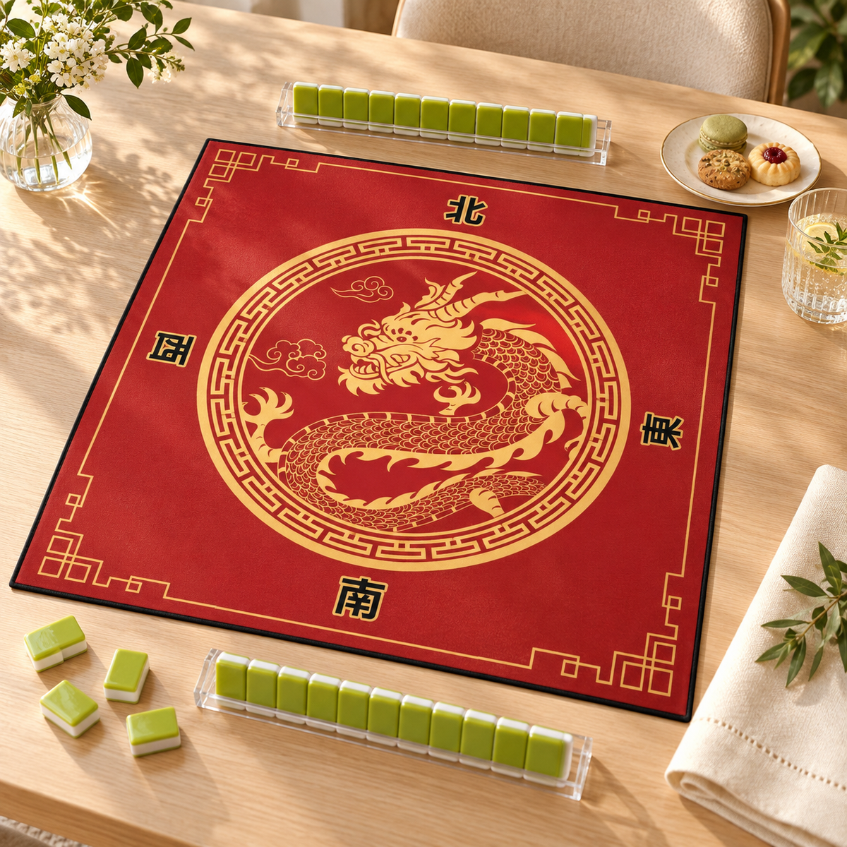 Red Letter — mat styled with mahjong tiles and table accessories, sold separately. Featured design.