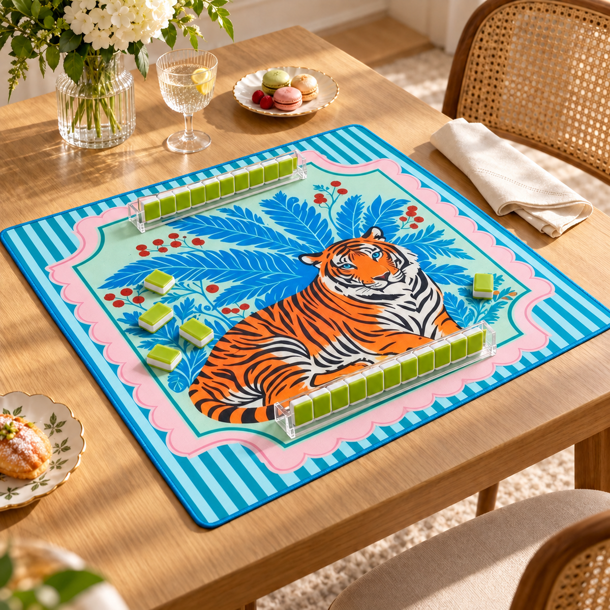 Tiger Social — mat styled with mahjong tiles and table accessories, sold separately. Featured design.