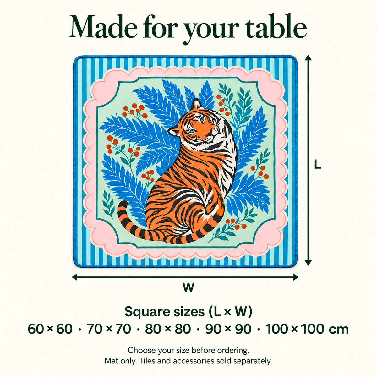 Tiger Social — available mat sizes in centimetres. Featured design.