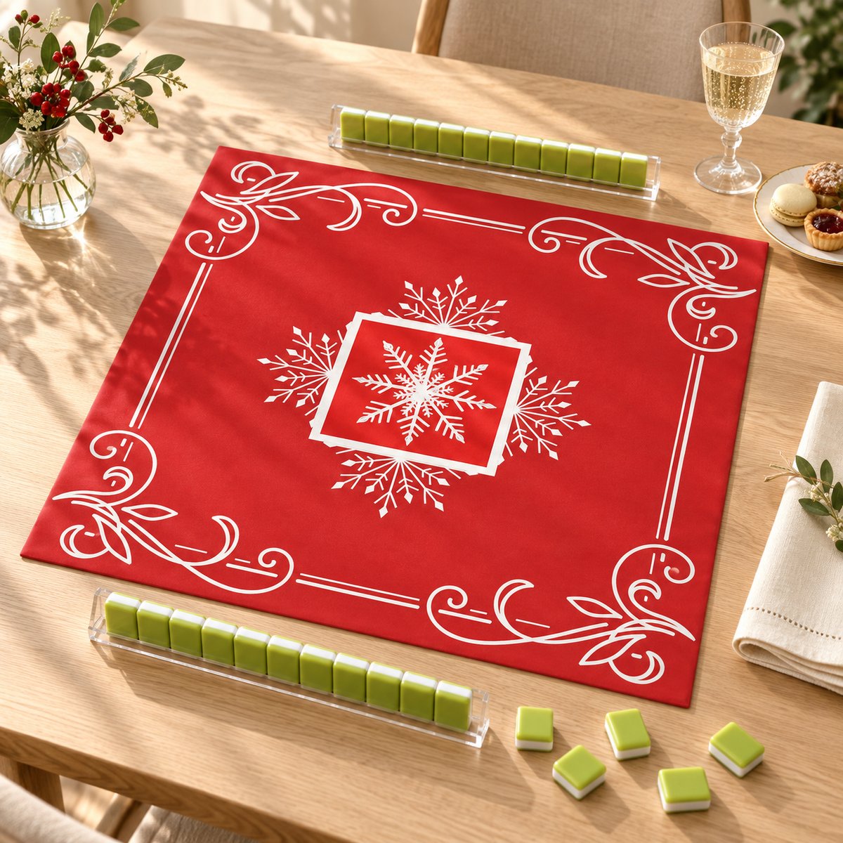 Winter Social — mat styled with mahjong tiles and table accessories, sold separately. Featured design.
