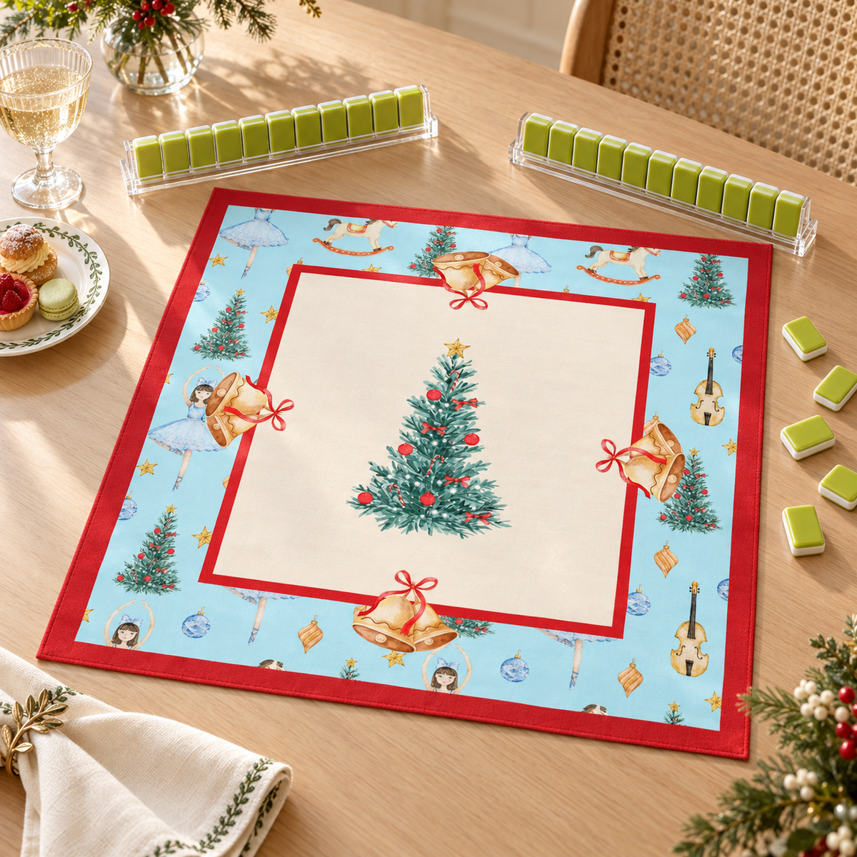 Holiday Ballet — mat styled with mahjong tiles and table accessories, sold separately. Featured design.