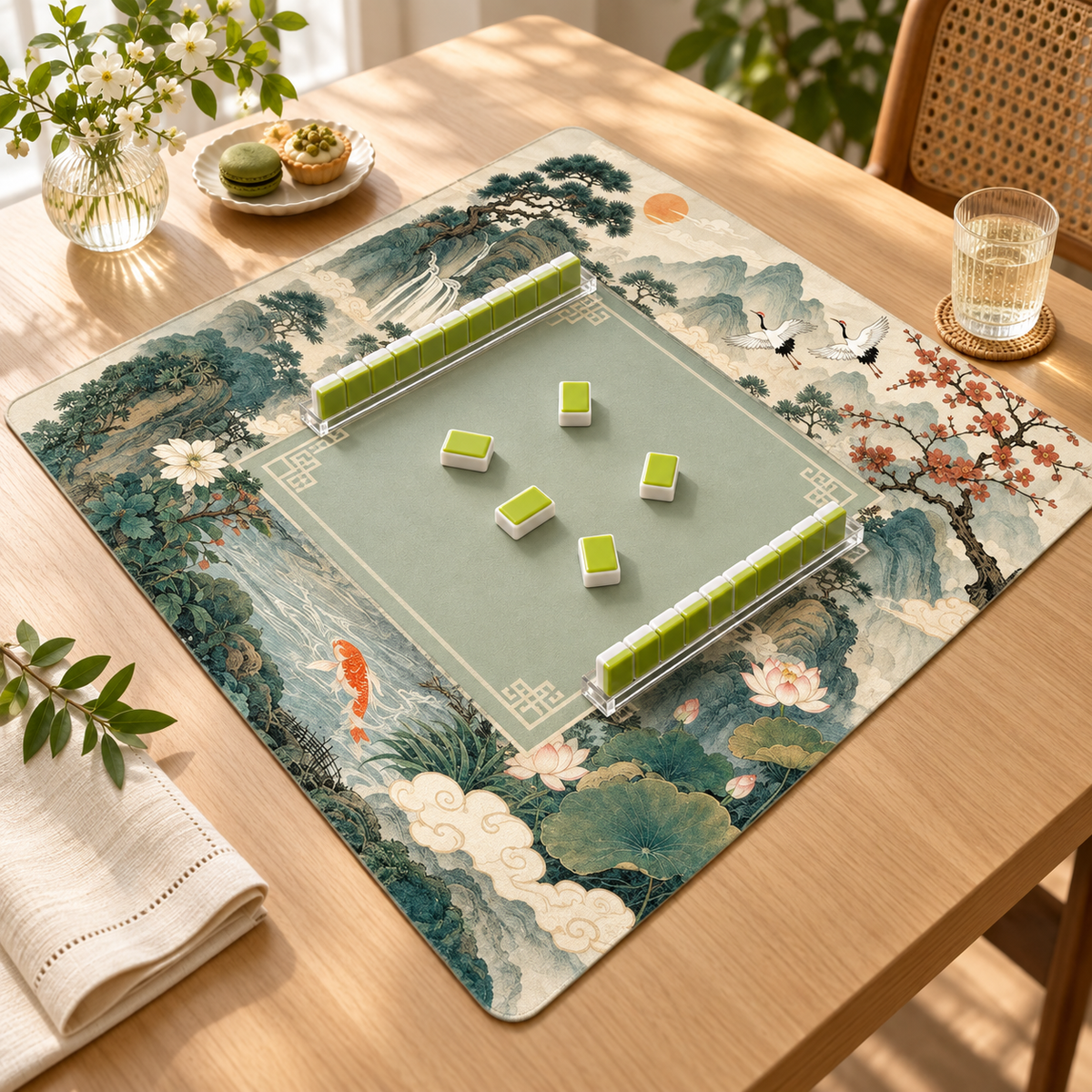 Lotus Reverie — mat styled with mahjong tiles and table accessories, sold separately. Featured design.