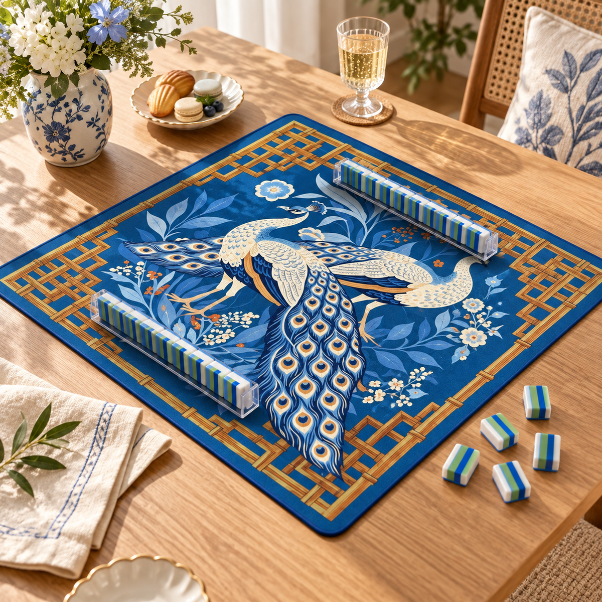 Midnight Garden — mat styled with mahjong tiles and table accessories, sold separately. Featured design.