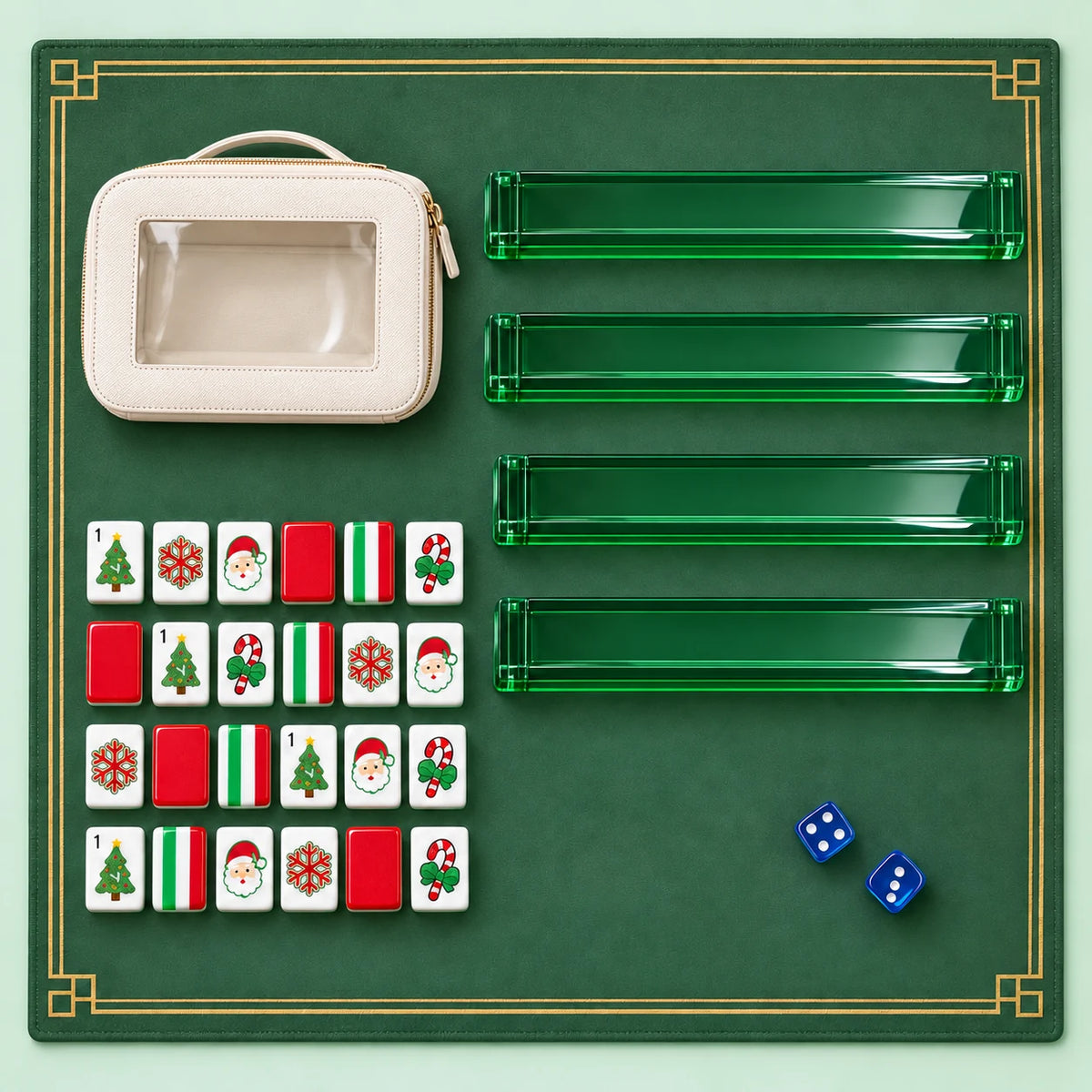 Merry Mahjong kit accessories with a selection of tiles, four racks, mat, two dice and zippered pouch