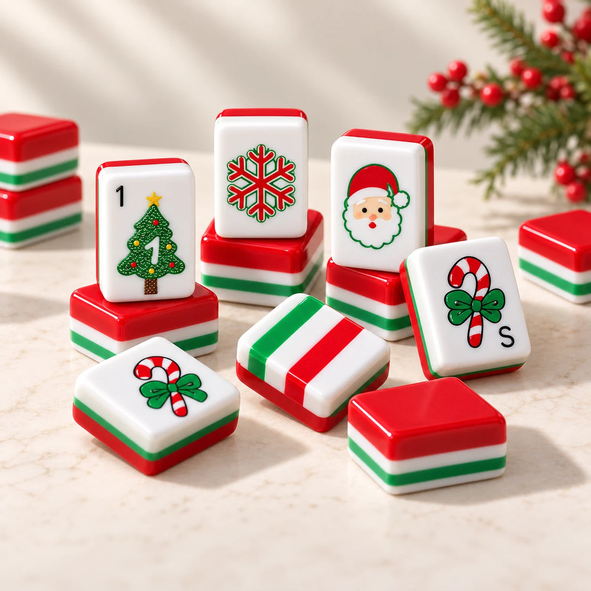 Merry Mahjong — tile designs arranged in a sunlit still life