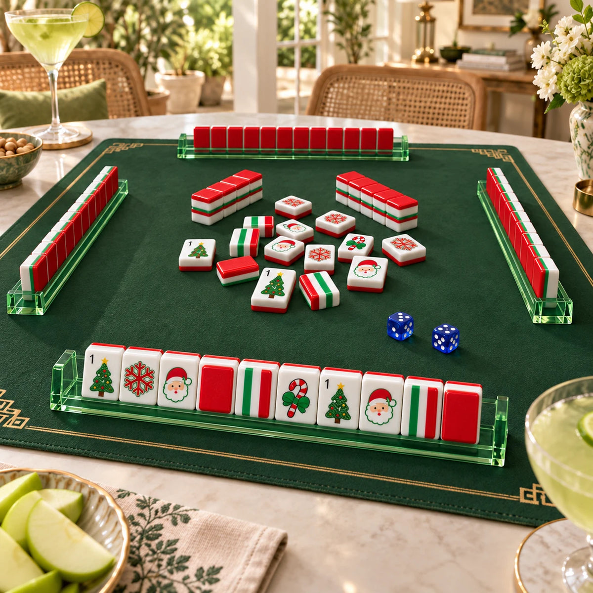 Merry Mahjong — close view of the mahjong table and racks