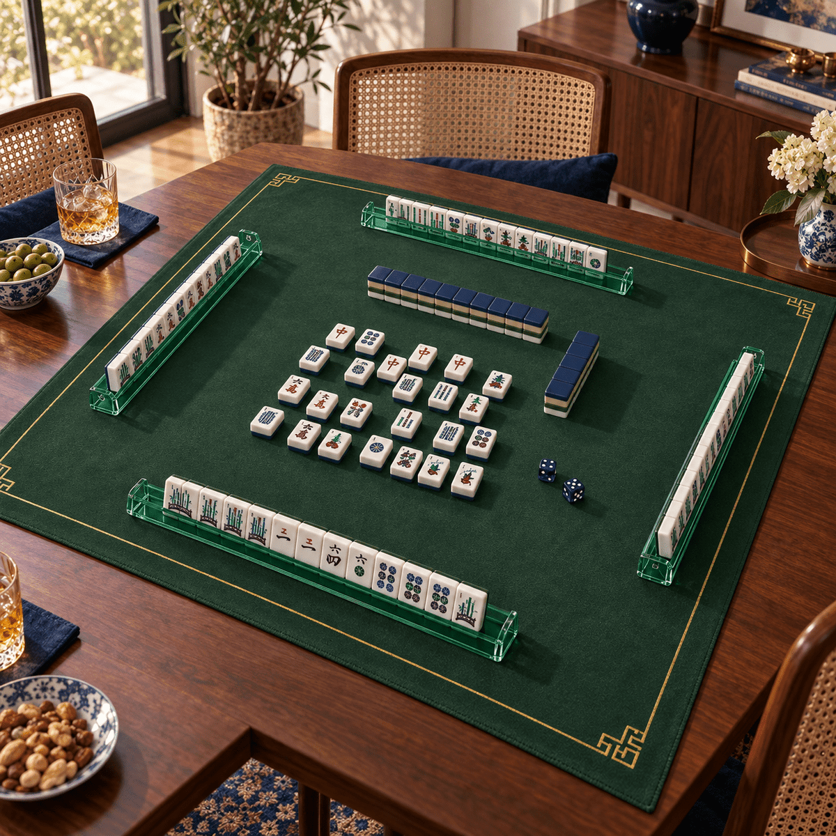 Midnight Mahj mahjong tiles in a styled game setting with a green mat, green racks and blue dice