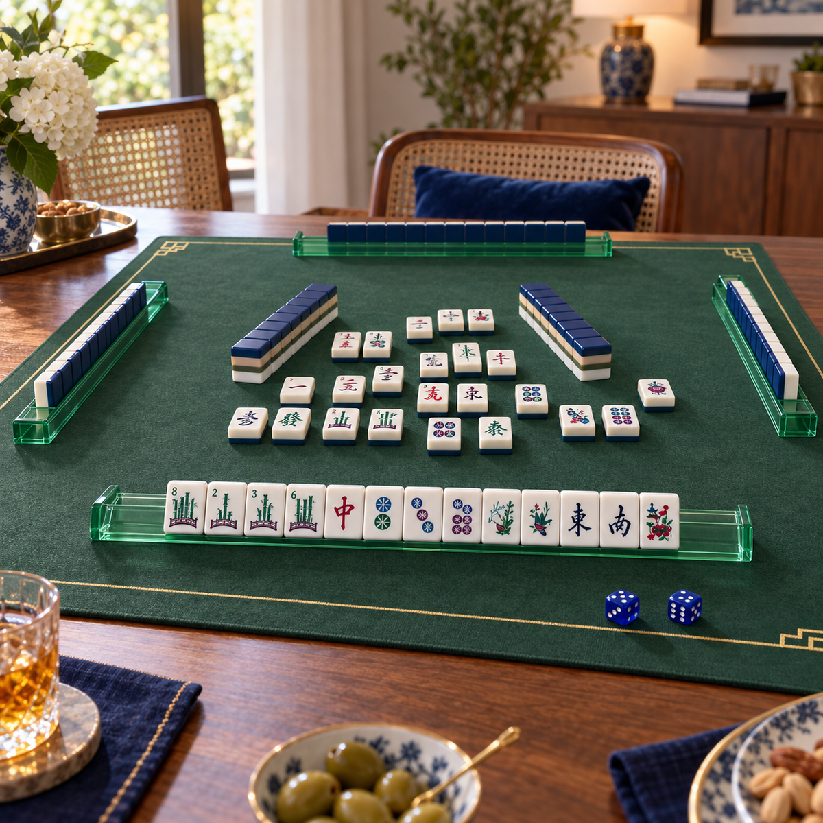 Midnight Mahj mahjong tiles in a styled game setting with a green mat, green racks and blue dice