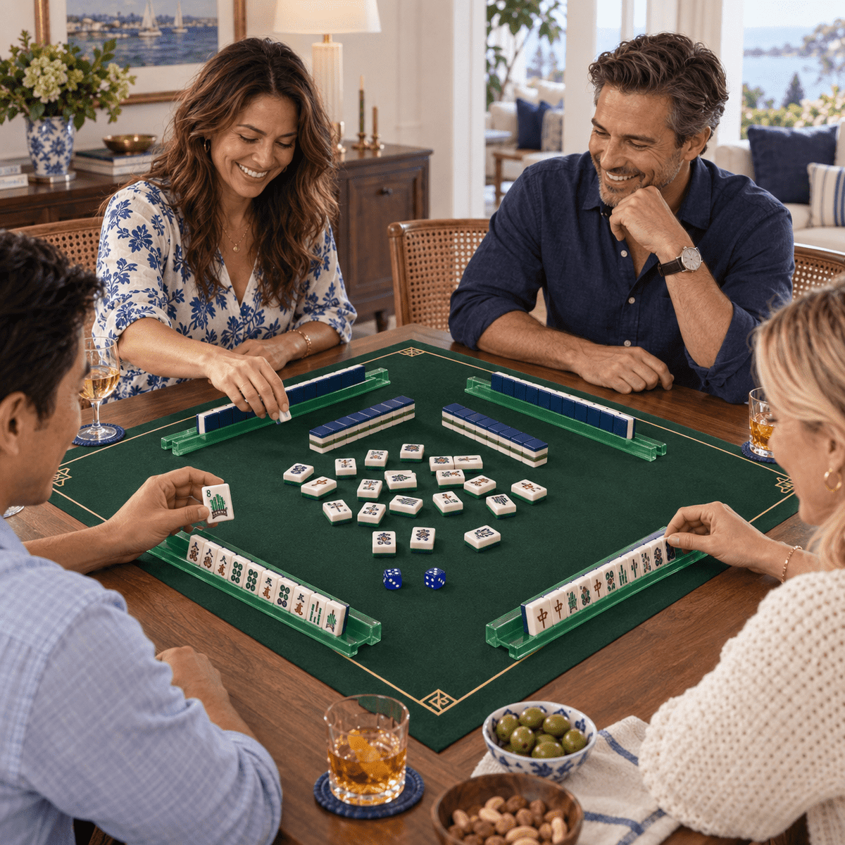 Midnight Mahj mahjong tiles in a styled game setting with a green mat, green racks and blue dice