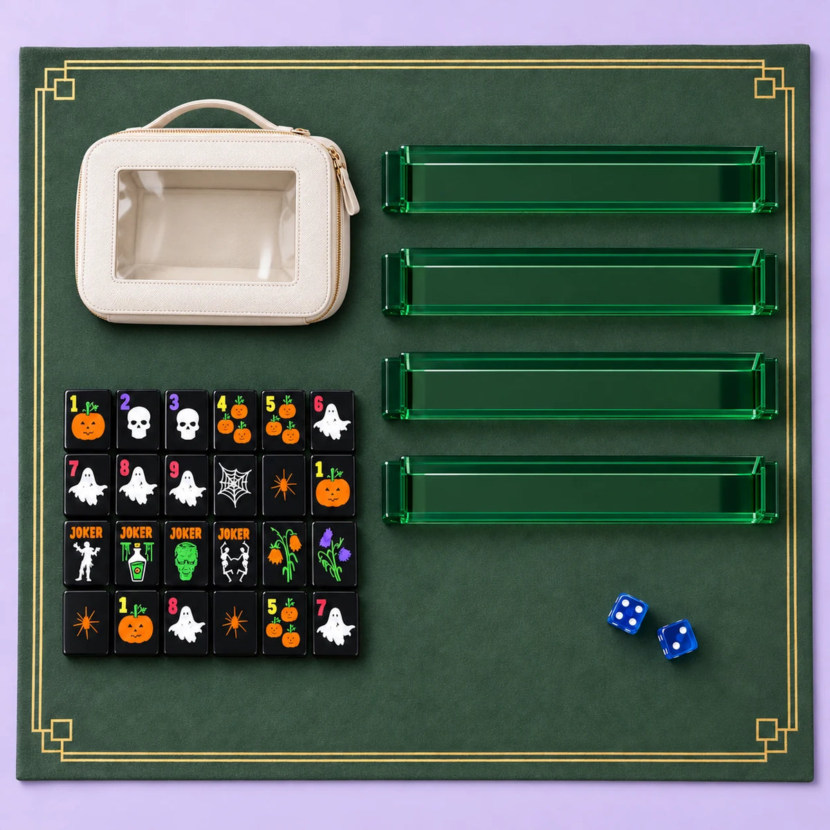Midnight Mischief kit accessories with a selection of tiles, four racks, mat, two dice and zippered pouch