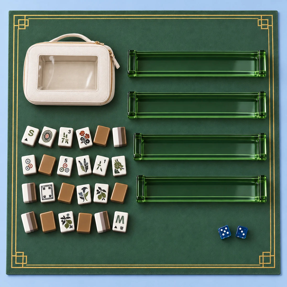 Mocha Social kit accessories with a selection of tiles, four racks, mat, two dice and zippered pouch