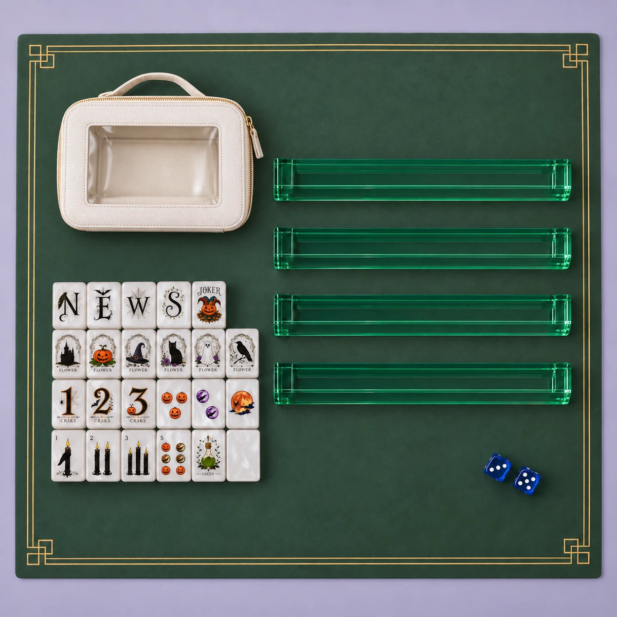 Moonlit Manor kit accessories with a selection of tiles, four racks, mat, two dice and zippered pouch