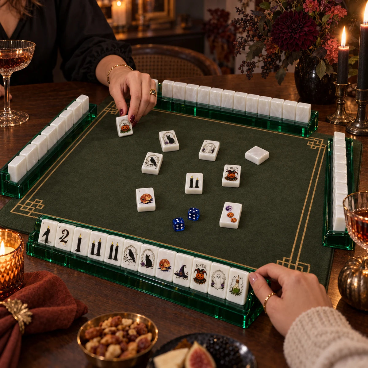 Moonlit Manor mahjong kit arranged for a game with friends