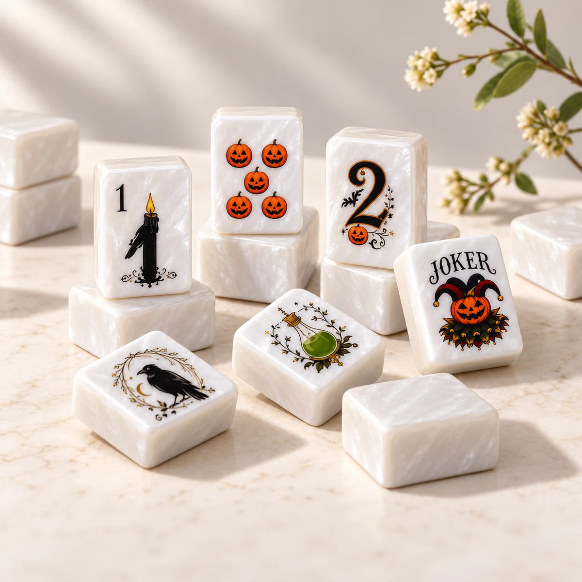 Moonlit Manor — tile designs arranged in a sunlit still life