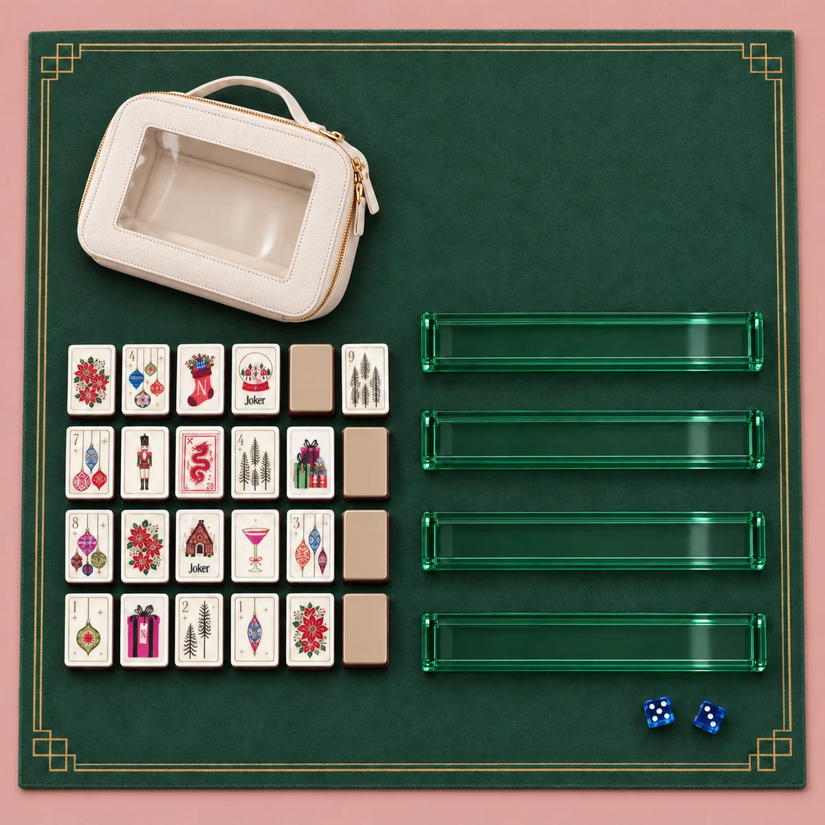 Noel Club kit accessories with a selection of tiles, four racks, mat, two dice and zippered pouch