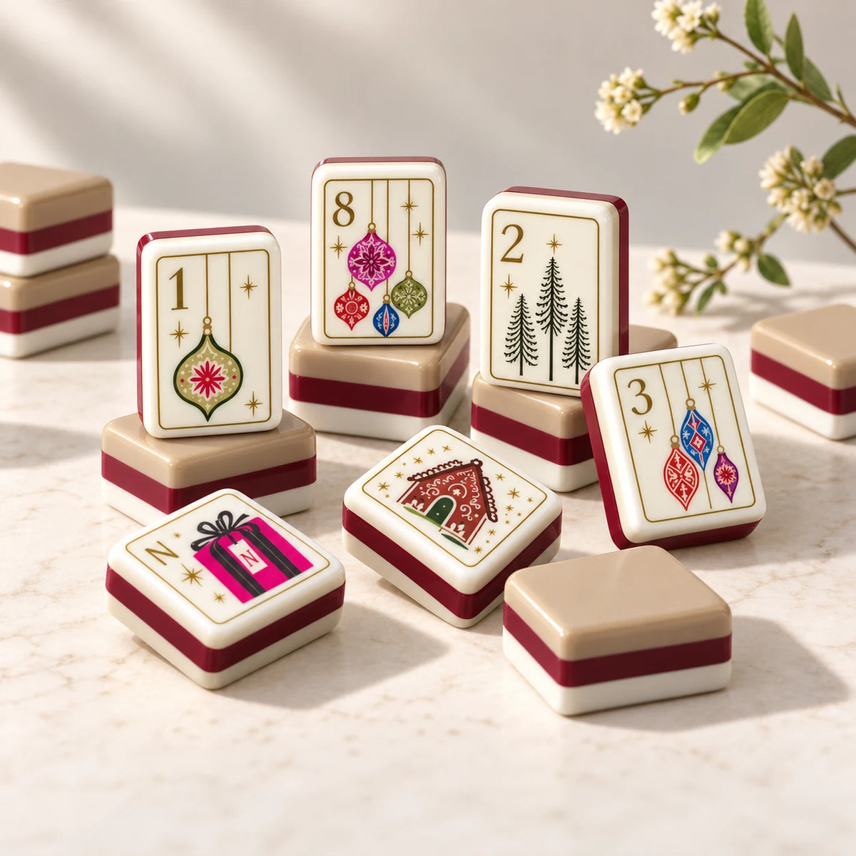 Noel Club — tile designs arranged in a sunlit still life