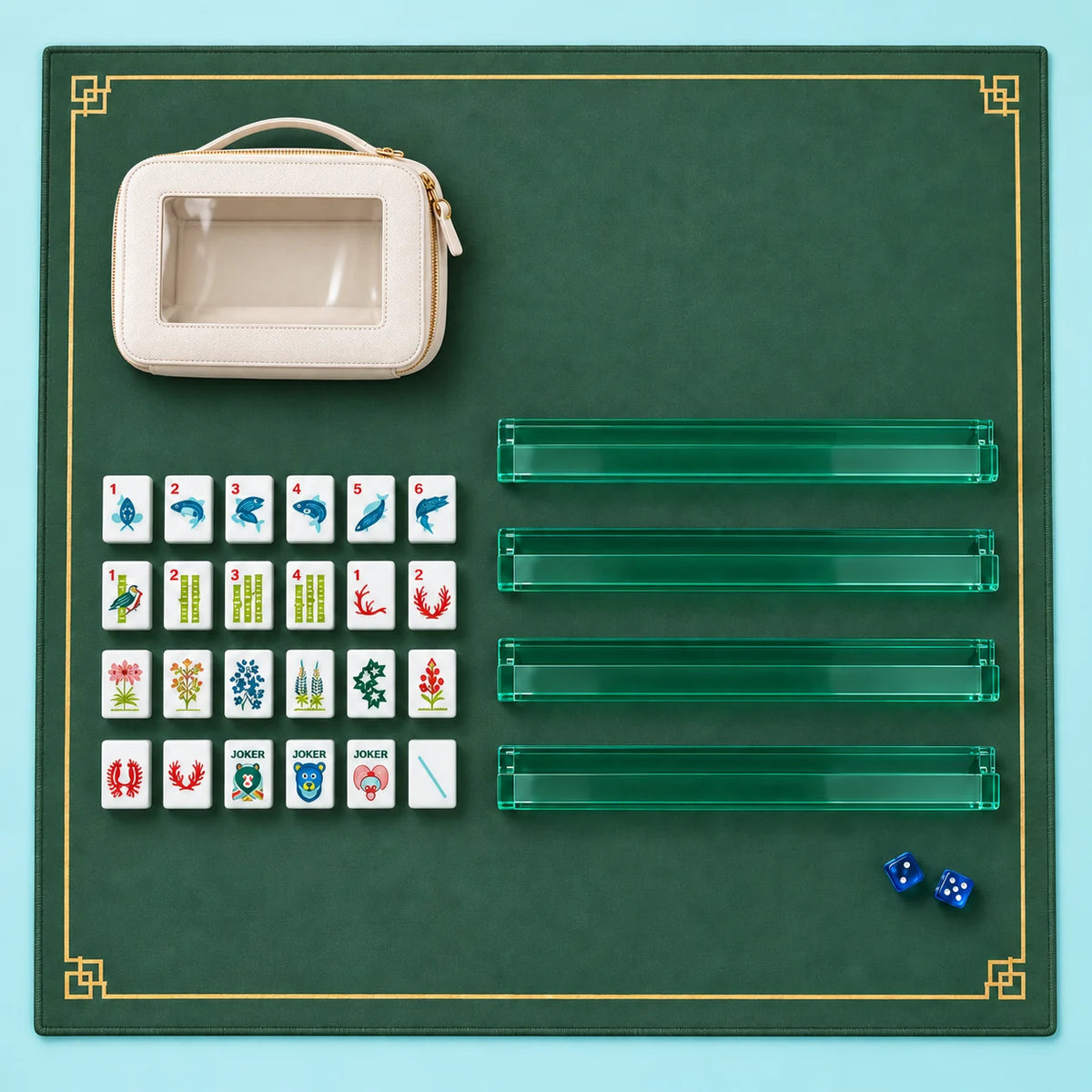 Ocean Parade kit accessories with a selection of tiles, four racks, mat, two dice and zippered pouch