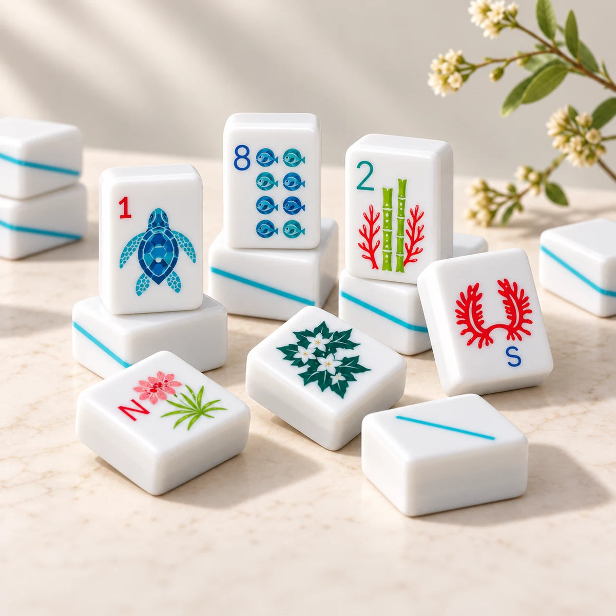 Ocean Parade — tile designs arranged in a sunlit still life