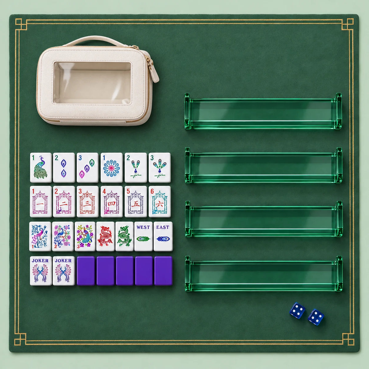 Plume kit accessories with a selection of tiles, four racks, mat, two dice and zippered pouch