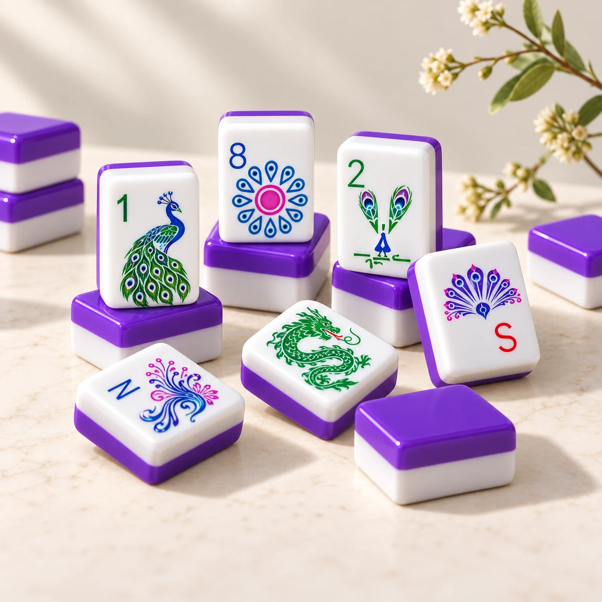 Plume — tile designs arranged in a sunlit still life