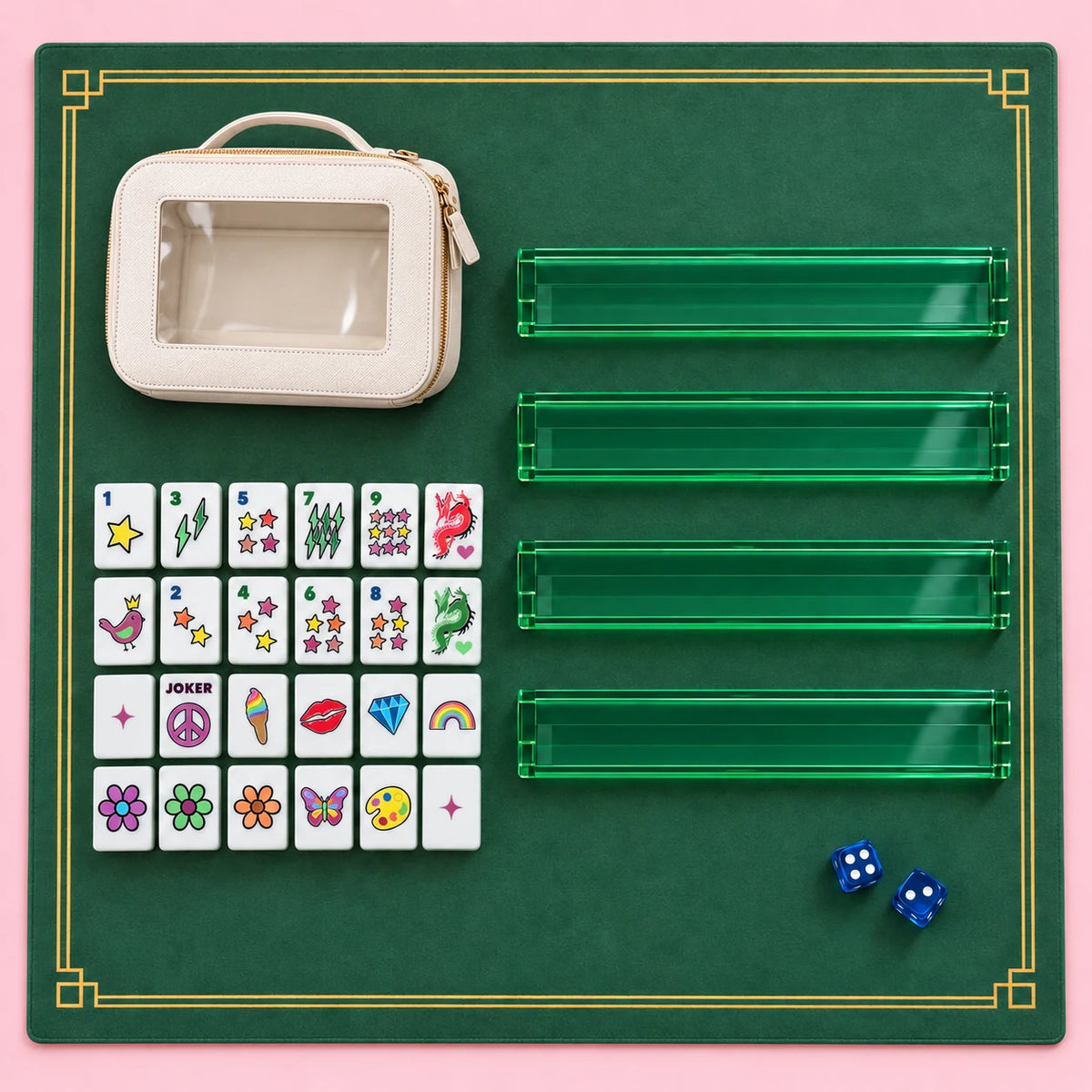 Pop Club kit accessories with a selection of tiles, four racks, mat, two dice and zippered pouch