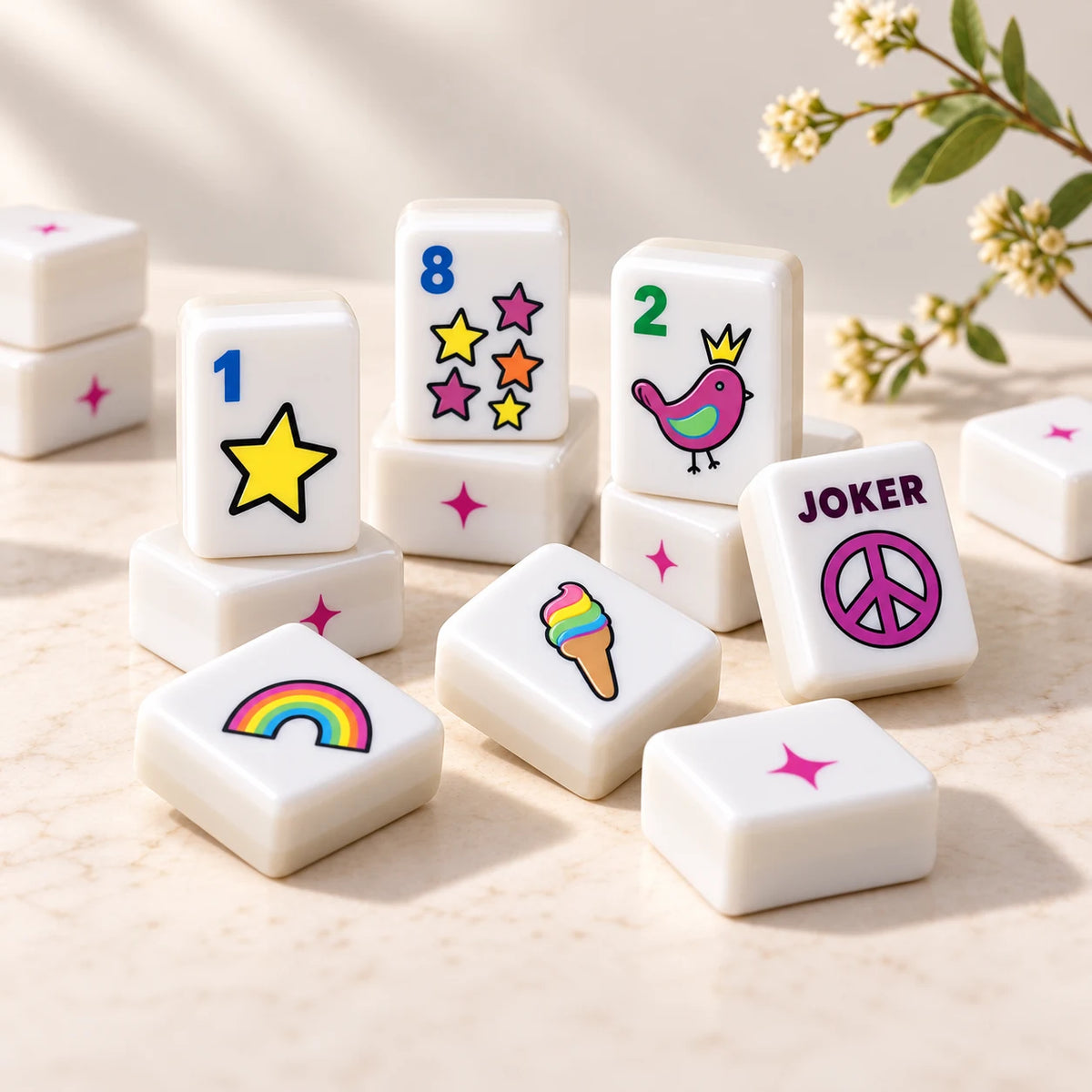 Pop Club — tile designs arranged in a sunlit still life