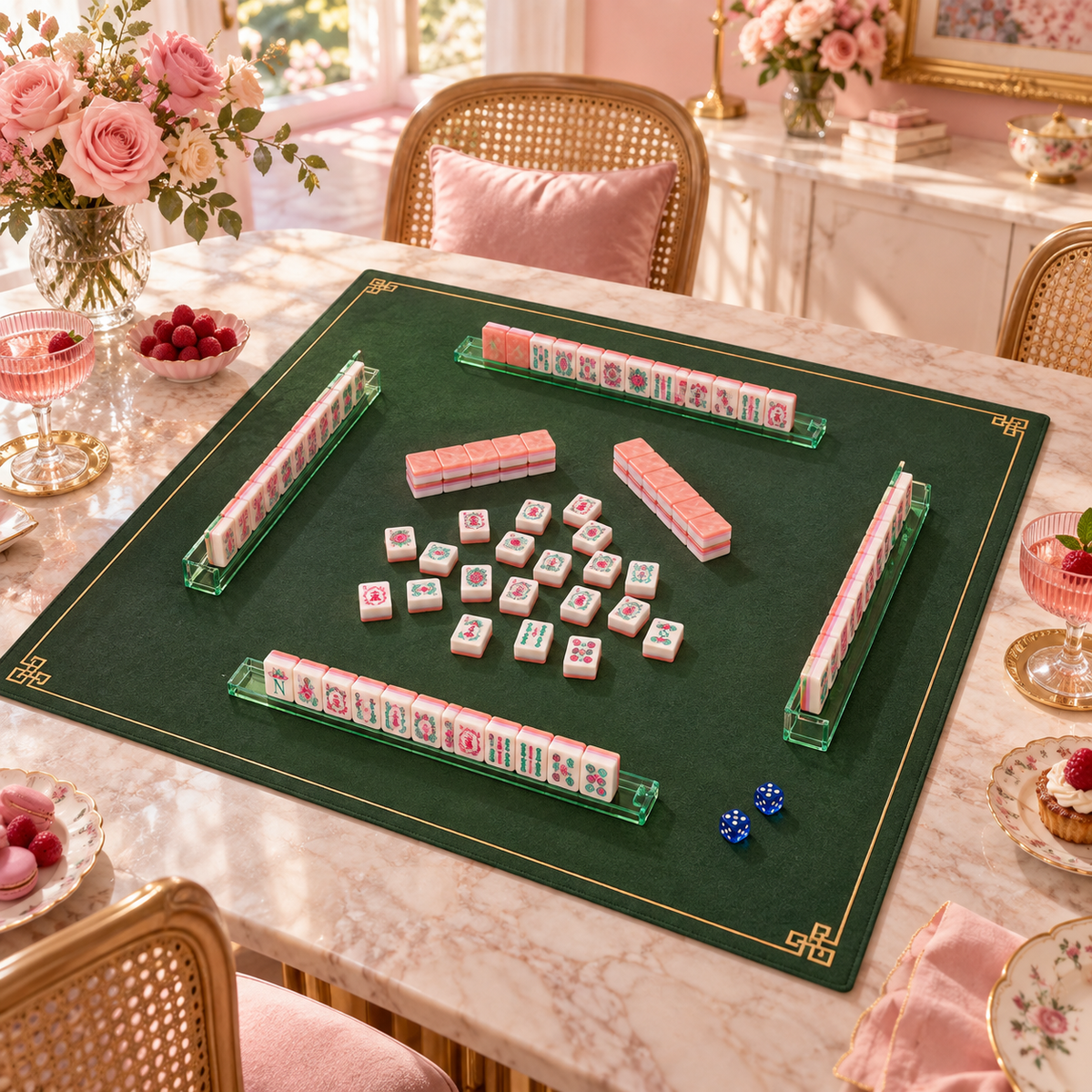 Rose Club mahjong tiles in a styled game setting with a green mat, green racks and blue dice