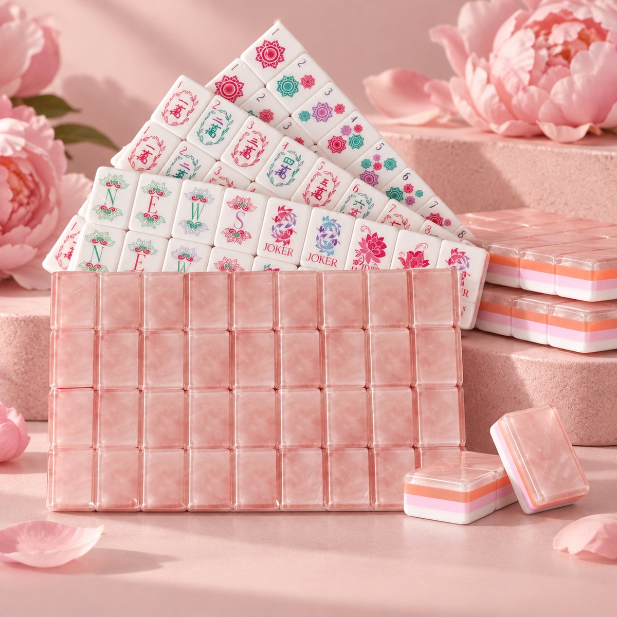 Rose Club pearl pink American mahjong acrylic tiles — tile details